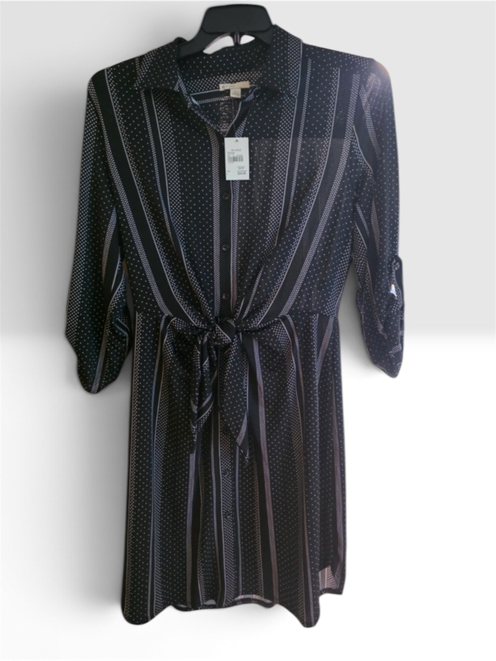 Black Striped Tie-Waist Shirt Dress